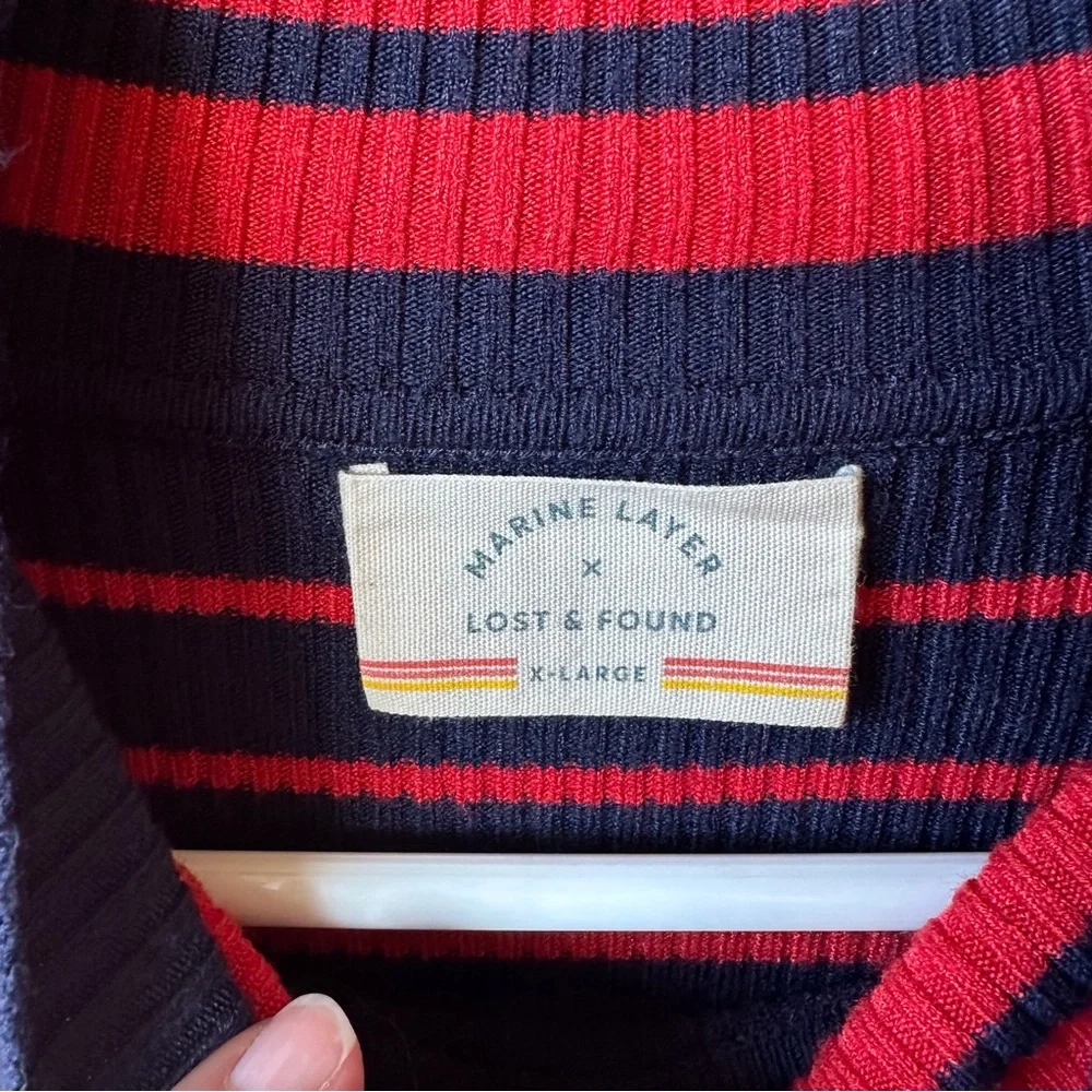 Marine Layer x Lost & Found Ski Ribbed Turtleneck Red Blue Long Striped Sweater - Picture 4 of 8